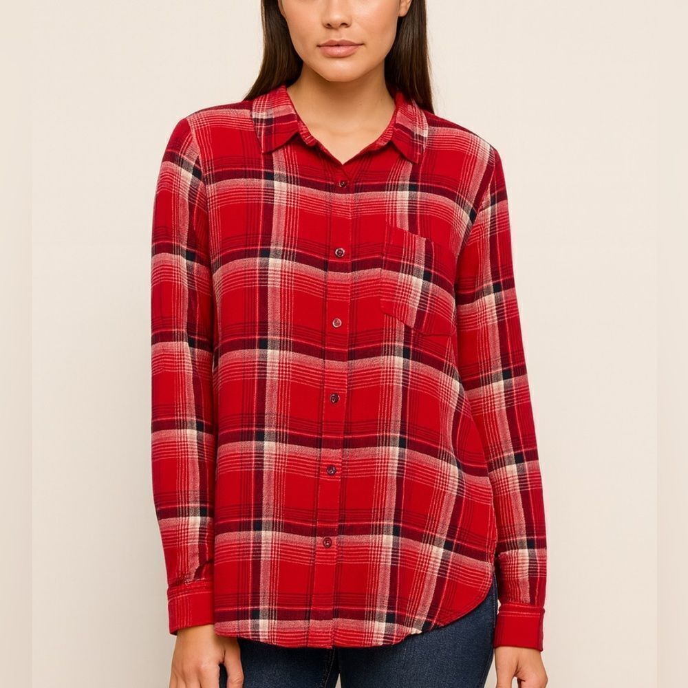 J.Jill Red/Black Plaid Button Down Flannel Shacket Women's Shirt Sz L Hose Girl